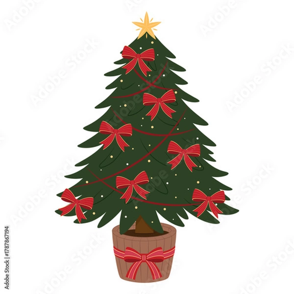 Obraz Vector illustration of green Christmas tree adorned with a red and yellow bows, ribbons and yellow star topper in a wooden pot. Flat design isolated on a white background.