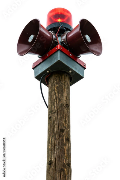 Fototapeta Emergency warning siren with red beacon light on a wooden pole on a transparent background