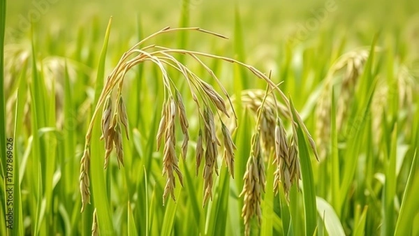 Fototapeta malnourished. Malnourished rice stalks drooping in field with thin stems under daylight. ESG reports, sustainability campaigns, designed for sustainability communications and ESG reporting.