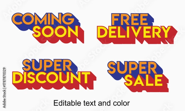 Obraz Editable Typography Text Effect Bundle | Retro Bold Sale Labels | 3D Vector Discount Banners | Coming Soon, Super Sale, Free Delivery Designs for Marketing, Ads & Print Use