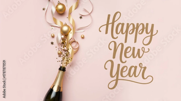 Fototapeta A bottle of champagne from which golden confetti, ornaments, ribbons and stars are falling on a pink background. The inscription “Happy New Year”