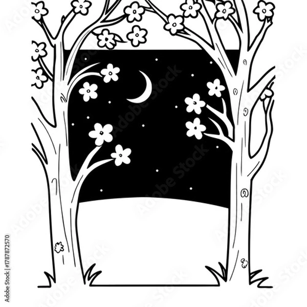 Obraz Minimilist illustration of two trees framing a night sky with a crescent moon and stars and flowers on the branches vector