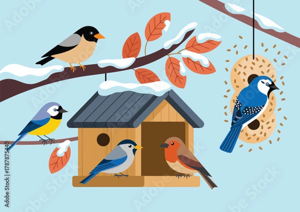 Fototapeta Wooden bird feeder with wild birds in winter, vector cartoon illustration for kids, colorful birds eating seeds, snowy scene, fun educational wildlife artwork