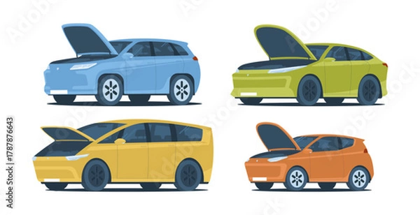 Fototapeta A set of different cars with open hoods. Vector illustration.