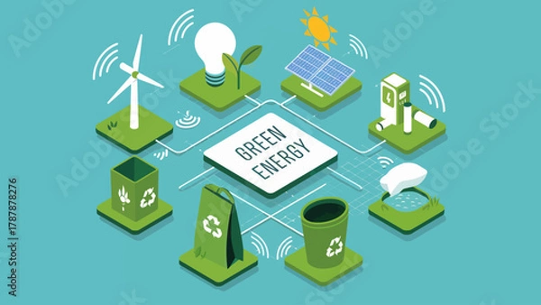 Obraz Isometric Green Energy Concept Illustration Depicting Renewable Resources and Eco Friendly Practices for Sustainable Living and Environmental Conservation