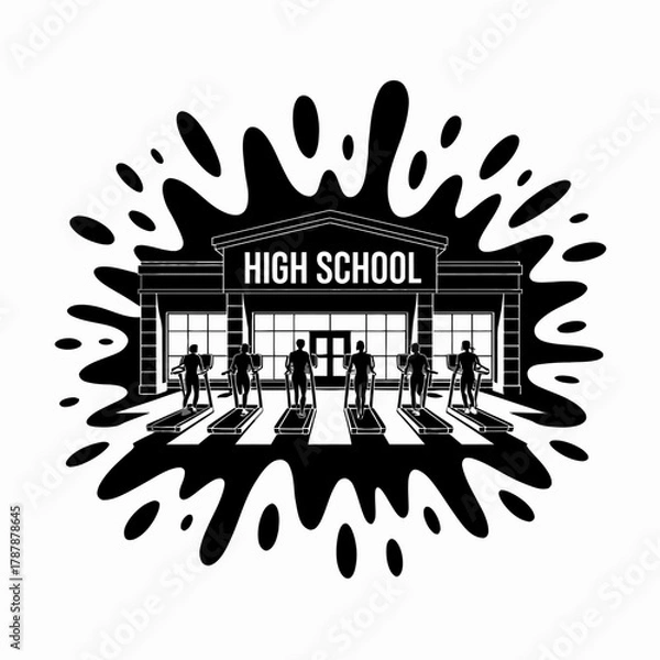 Obraz High School Fitness Concept with Students on Treadmills Silhouette against Building Illustration for Education and Wellness Programs