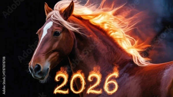 Fototapeta A fiery red horse on a dark background, its mane turns into a bright flame. The year 2026 is highlighted in fiery orange font at the bottom.