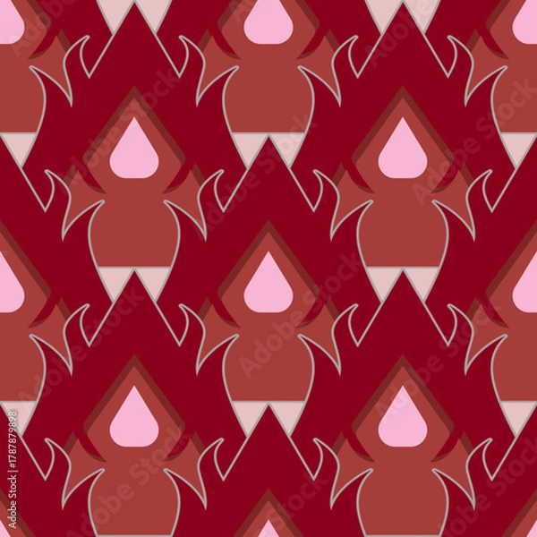 Fototapeta Vector pattern featuring symmetrical floral and teardrop shapes in shades of red, pink, and beige, with outlined accents creating a vibrant, intricate design. Perfect for fabric or background use