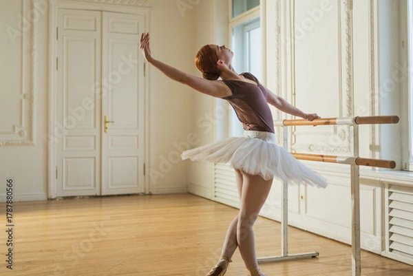 Fototapeta Young ballerina in tutu skirt stretching practicing ballet positions dancing near ballet barre in dance class. Young classical dancer woman in dance studio. Ballet class training Ballet school concept