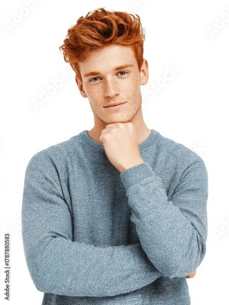 Fototapeta headshot of red haired serious young male blogger looks confidently at camera thinks about new content of his web page dressed casually earns money distantly isolated over white background no logos n