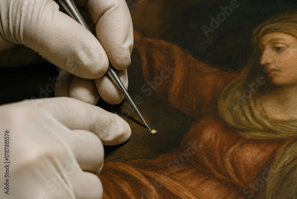 Fototapeta Art Restoration in Progress: Skilled hands, meticulously adorned with sterile gloves, delicately restore a classic masterpiece using specialized tools.