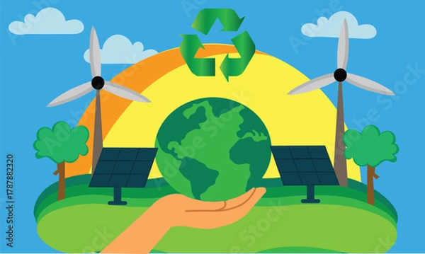 Obraz Save Earth Renewable Energy Illustration | Eco Friendly Solar Power, Wind Turbine, Recycling & Sustainability Concept | Green Energy Environment Protection Design