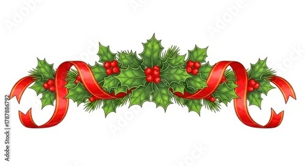 Obraz Festive christmas garland with holly leaves, red berries, and a red ribbon isolated on white background