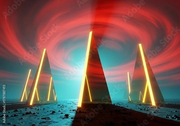 Obraz Mystical Pyramids with Neon Lights Under a Swirling Sky, Surreal Art