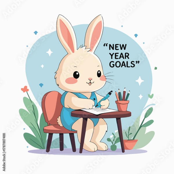 Fototapeta cute bunny sitting at small table writing ‘New Year Goals’ on paper