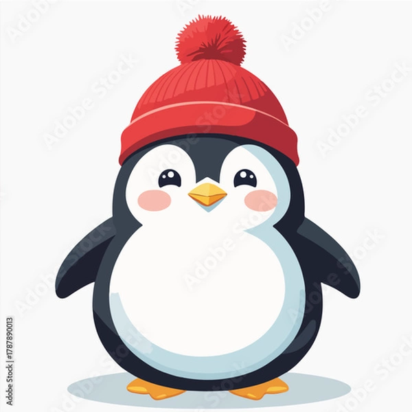 Fototapeta chubby penguin character with a red beanie and pom-pom, cute round body, happy smile, wings slightly open