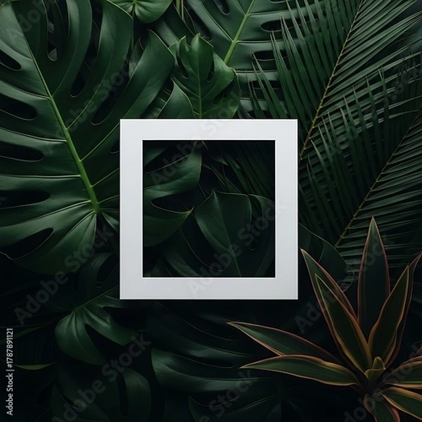 Fototapeta Lush Green Tropical Foliage Background with White Square Frame - A Fresh Botanical Design for Modern Concepts and Copy Space
