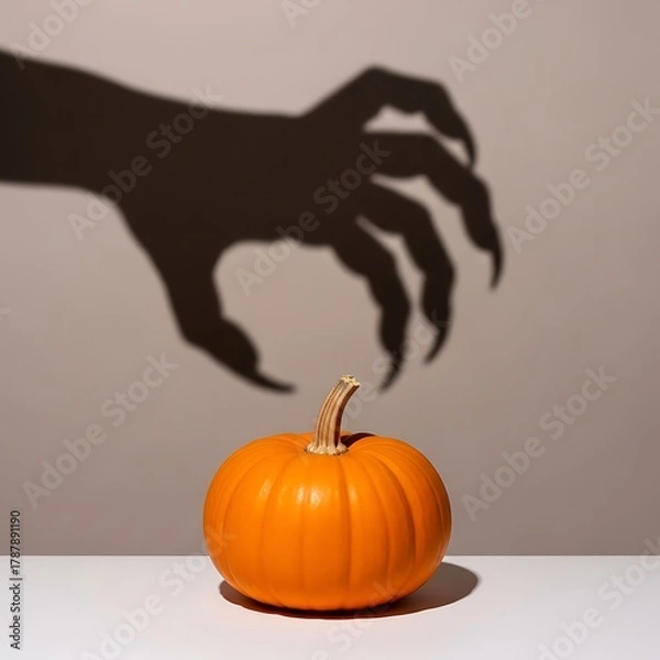 Fototapeta Shadow of a clawed hand reaching for a Halloween pumpkin on a white surface