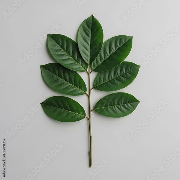 Fototapeta Lush Green Branch Detailed View of Fresh Leaves on a Light Surface