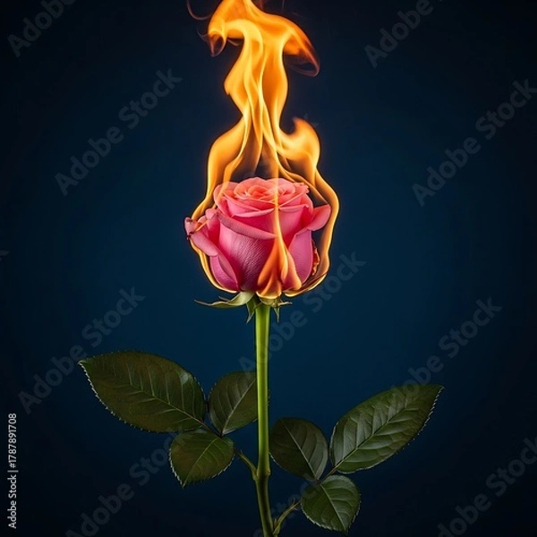 Fototapeta Vibrant Pink Rose Engulfed in Golden Flames, Symbolizing Intense Passion, Love, and Transformative Power Against a Deep Blue Backdrop