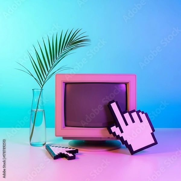 Fototapeta Vibrant Retro Tech Dream Classic Desktop Monitor with Tropical Leaf and Modern Pixelated Mouse Cursors on a Gradient Background
