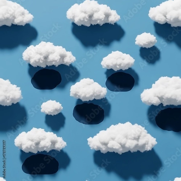 Fototapeta Cloudscape pattern with fluffy clouds and shadows on a blue background