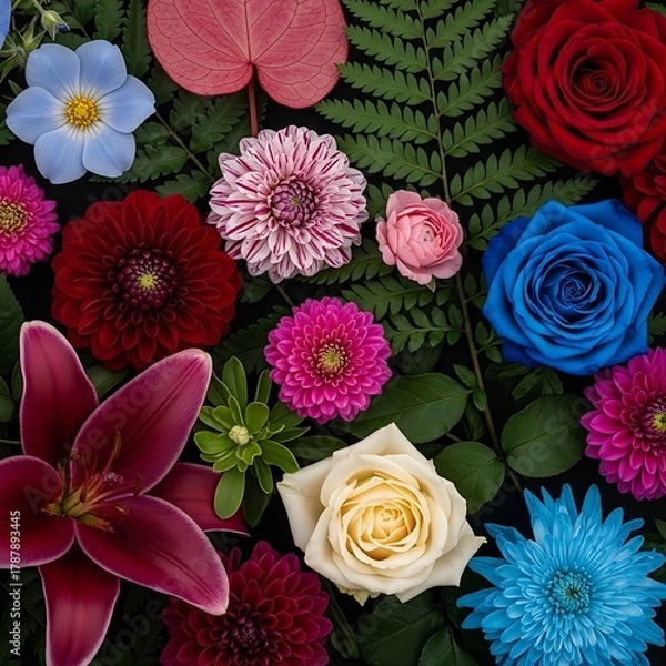 Fototapeta A beautiful medley of colorful flowers including roses, lilies, and dahlias in a flat lay composition