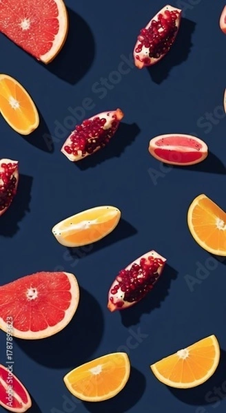 Fototapeta Citrus Burst Vibrant Oranges, Grapefruit Slices, and a Play of Light on a Dark Blue Background