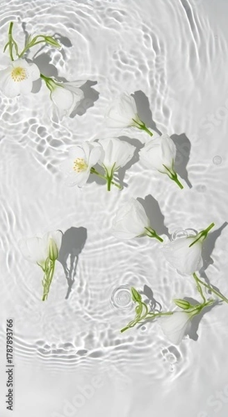 Fototapeta Delicate white flowers floating on rippling water surface, serene and tranquil aesthetic