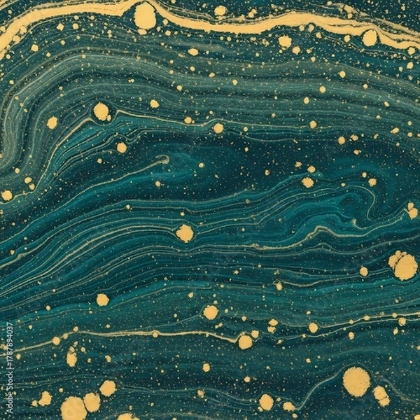 Fototapeta Elegant abstract fluid art with shimmering golden particles creating a unique marble texture on a deep teal background, resembling a cosmic flow