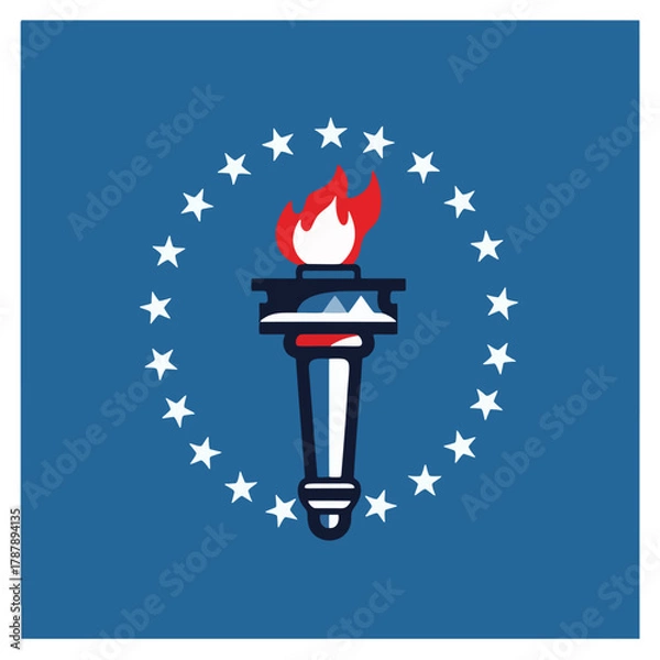 Fototapeta Illustration of a torch with a flame surrounded by a circle of stars against a blue background, symbolizing freedom and ambition