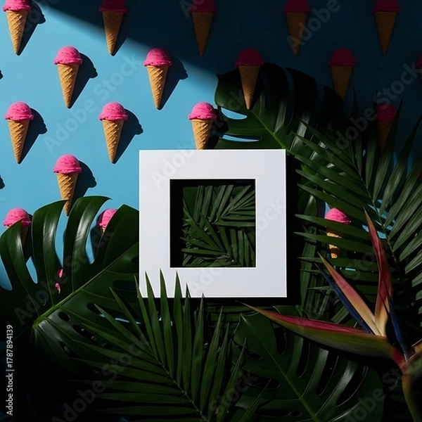 Fototapeta Summer Refreshment Ice Cream Cones and Tropical Foliage Composition