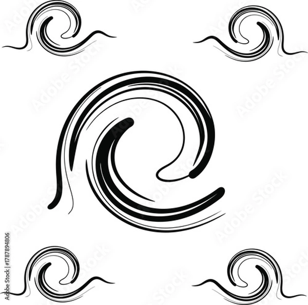 Fototapeta Abstract black swirl element set vector illustration dynamic brush stroke wave shapes for water, motion, or design projects.