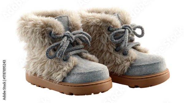 Obraz Pair of fluffy winter boots isolated on transparent background