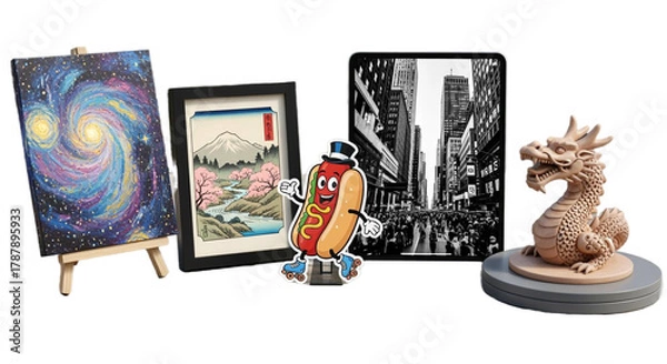 Obraz Eclectic mix of art styles showcases a vibrant universe canvas, classic Japanese painting, lively cartoon hotdog on roller skates, monochrome city scene on a tablet, and a detailed dragon sculpture