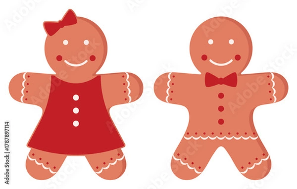 Obraz Vector illustrations of cute gingerbread man and girl cookie figures decorated with a red bow and buttons isolated on a white background.	