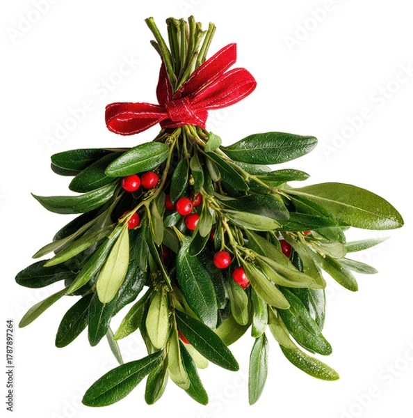 Fototapeta mistletoe bouquet with red ribbon isolated on transparent background