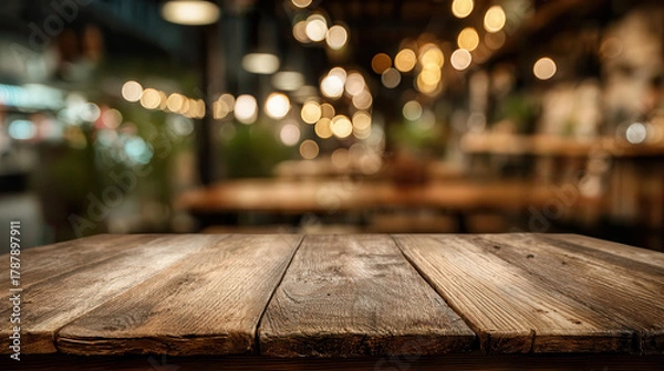 Fototapeta Rustic wooden table with warm bokeh background