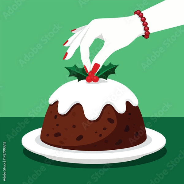 Obraz Elegant hand decorates festive Christmas pudding