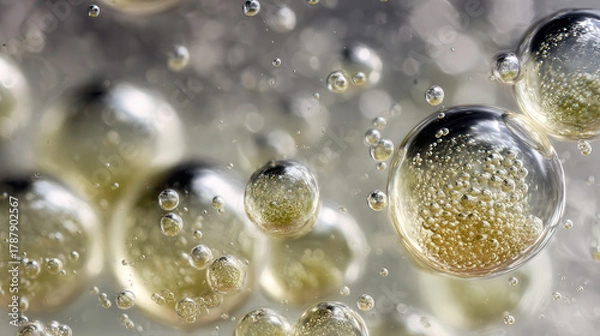 Fototapeta Macro photograph of golden oil bubbles with trapped air and light reflections