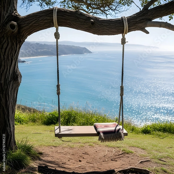 Obraz Wooden swing with ocean view