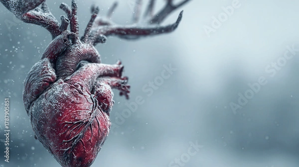 Fototapeta Frozen heart with antlers in a snowy landscape