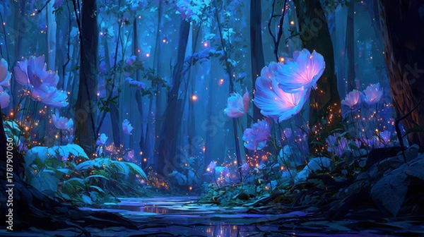 Fototapeta Enchanted forest with bioluminescent flora and glowing mist