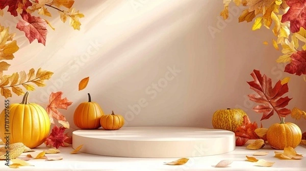 Obraz 3d render of a podium with autumn leaves and pumpkins on a beige background for product presentation, showcase template design, mockup, fall season banner design, thanksgiving