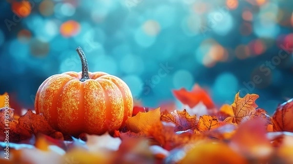 Obraz autumn background with pumpkins and colorful leaves on a blue bokeh light, halloween or fall season concept, fall season wallpaper, thanksgiving