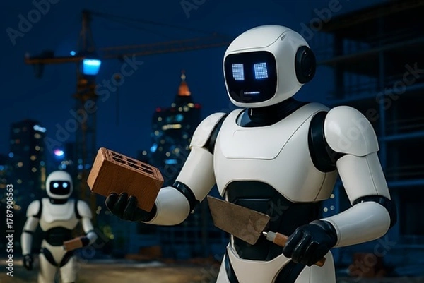 Fototapeta Nighttime photo of humanoid robots working at a construction site, laying bricks with trowels and clay bricks, illuminated city skyline in the background, showcasing automation in urban development.