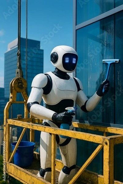 Fototapeta Photo of humanoid robot cleaning windows on a suspended platform of a high-rise building, holding a squeegee and spray bottle, with skyscrapers and crane in the background, promoting smart urban