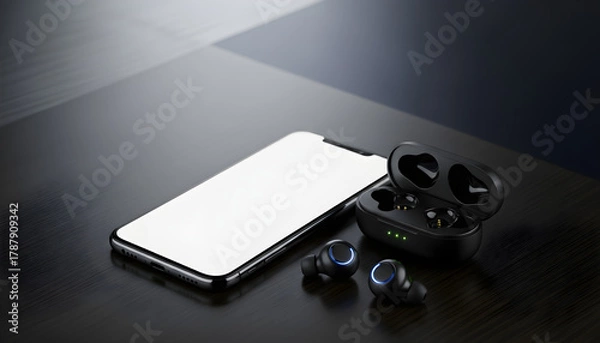 Fototapeta Modern wireless earbuds with charging case placed next to a smartphone on a sleek surface