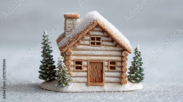 Fototapeta Cozy miniature log cabin with snow dusted trees