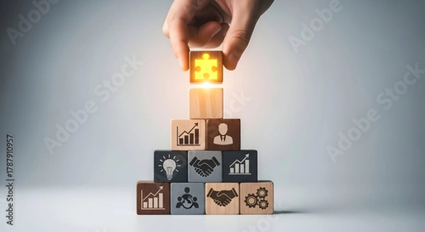 Obraz Hand Placing Glowing Puzzle Piece Atop Business Strategy Cubes